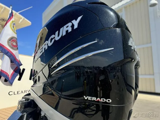 Slide: The Image of Close-up of a 2022 Scout 330 LXF's Mercury Verado outboard engine. - 16