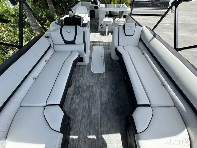 Slide: The Image of 2024 Avalon Catalina Entertainer Funship 27 FT interior with luxurious seating and modern design. - 27