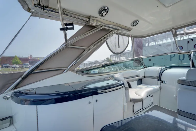 Slide: The Image of 2017 Formula 370 Super Sport yacht interior with sleek seating and modern design. - 19