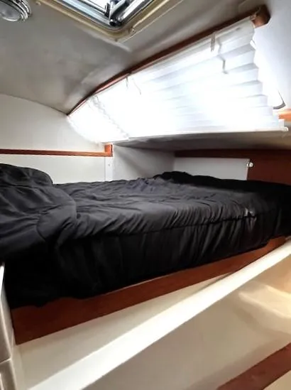 Slide: The Image of 2010 Gemini 105Mc cabin interior with a cozy bed and window blinds. - 25