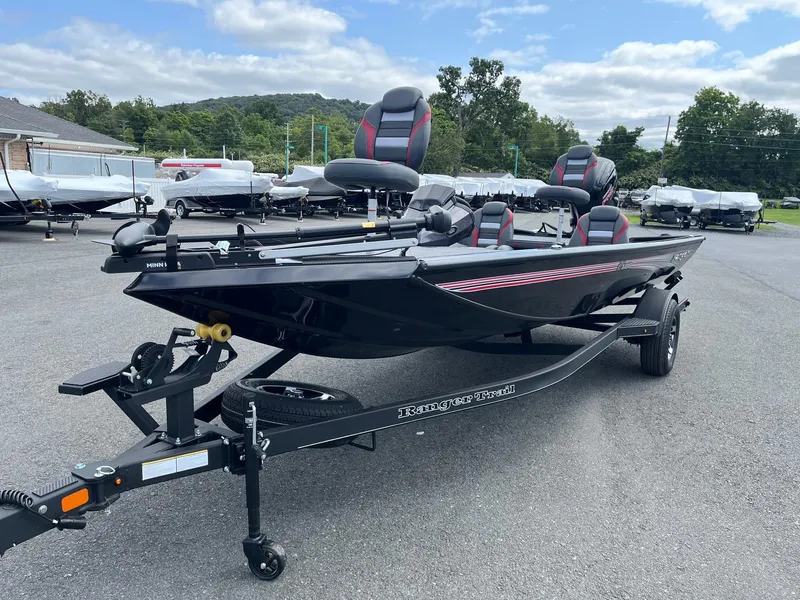 Slide: The Image of 2024 Ranger RT188 boat on trailer, parked outdoors, with scenic background. - 3