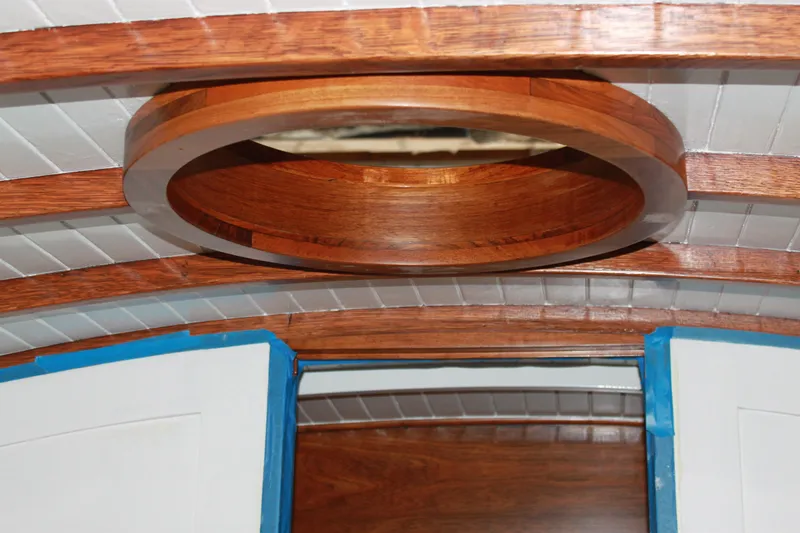 Slide: The Image of Interior view of 1929 Stephens Brothers 34 Trunk Cabin Cruiser, showcasing wooden ceiling details. - 14