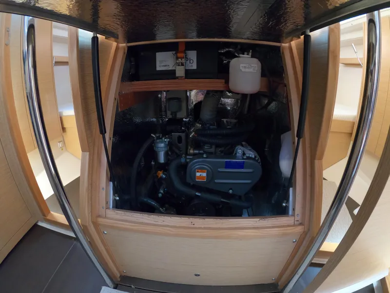 Slide: The Image of Engine compartment of 2019 Hanse 388 sailboat, showcasing interior mechanics and design. - 30