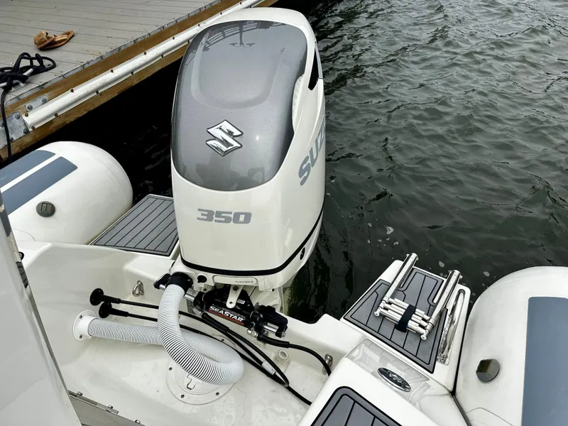 Slide: The Image of 2022 Brig Eagle 8 with Suzuki 350 outboard motor docked by the water. - 5