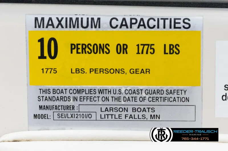 Slide: The Image of 2002 Larson LXI 210 boat capacity label: 10 persons or 1775 lbs, U.S. Coast Guard compliant. - 46