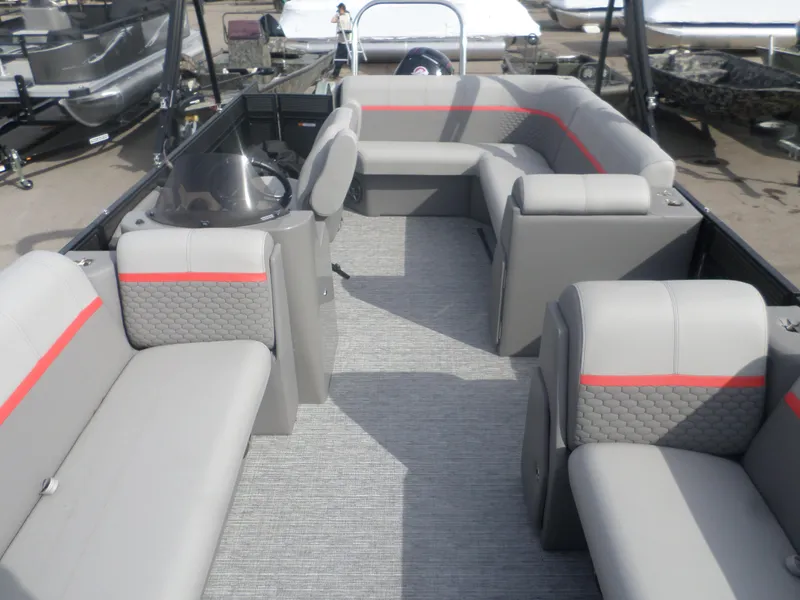 Slide: The Image of 2024 Apex Qwest 820 Lanai LT TRI pontoon boat with spacious seating and modern design. - 5