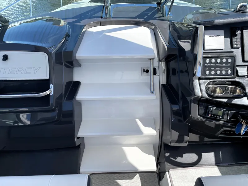 Slide: The Image of 2020 Monterey 345 Sport Yacht cockpit with control panel and steps. - 37