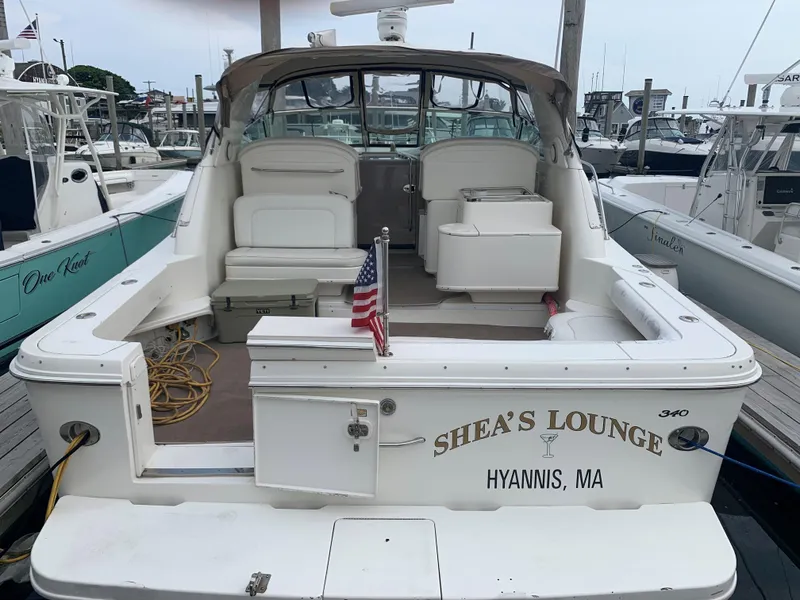 Slide: The Image of 2001 Sea Ray 340 Amberjack docked in Hyannis, MA, named Shea's Lounge. - 2