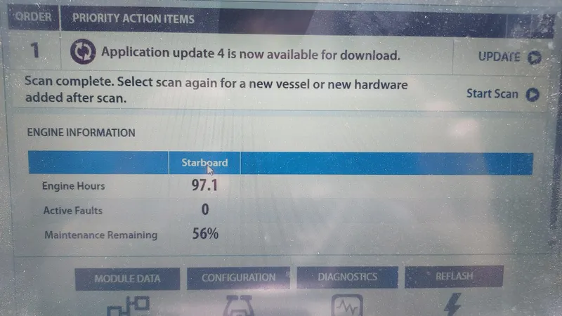 Slide: The Image of Engine diagnostic screen showing 97.1 engine hours, 0 active faults, and 56% maintenance remaining. - 19