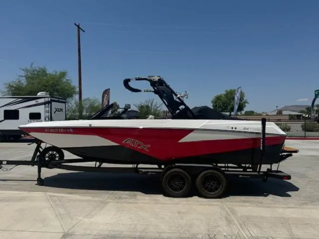 Slide: The Image of 2020 ATX Boats 24 TYPE-S on trailer, red and white exterior. - 5