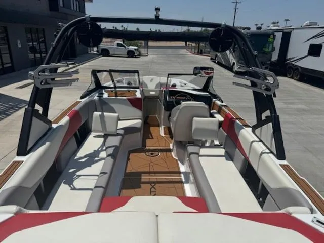 Slide: The Image of 2020 ATX Boats 24 TYPE-S interior with white and red seating, black wakeboard tower. - 8