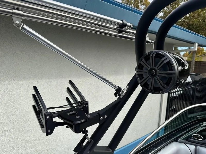 Slide: The Image of 2024 Sanger V237 SX boat tower with speaker and rack detail. - 20