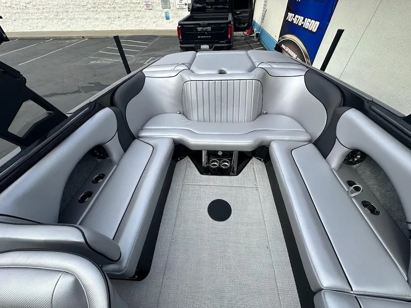Slide: The Image of 2024 Sanger V237 SX boat interior with sleek gray seating and modern design. - 7