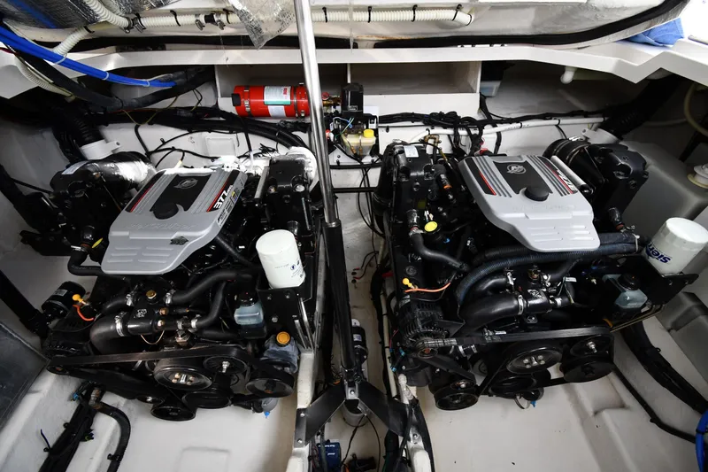 Slide: The Image of Engine room of 2009 Sea Ray 330 Sundancer with twin inboard motors. - 46