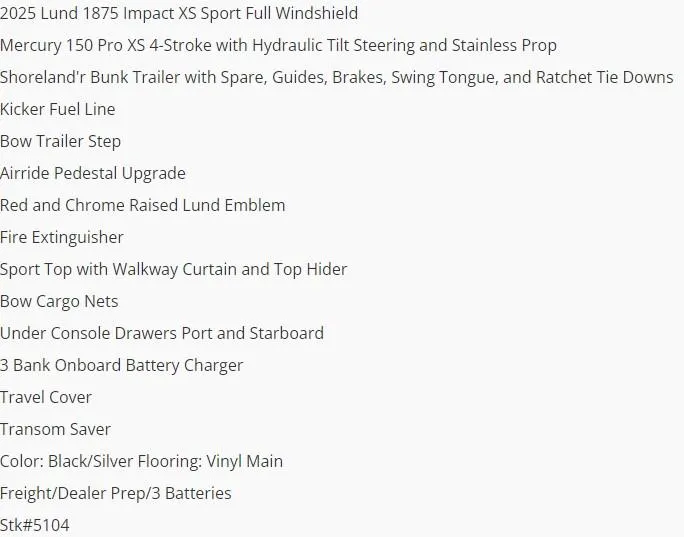 Slide: The Image of Text listing features of the 2025 Lund 1875 Impact XS Sport boat. - 6