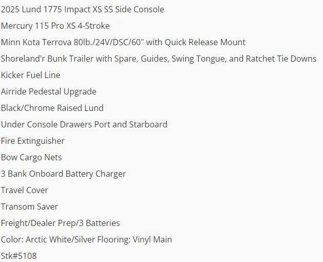 Slide: The Image of Specifications for 2025 Lund 1775 Impact XS SS boat, featuring Mercury engine and Minn Kota trolling motor. - 2