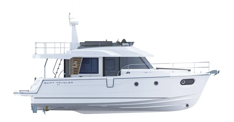 Slide: The Image of 2022 Beneteau Swift Trawler 41 Fly, side view, sleek white design. - 26