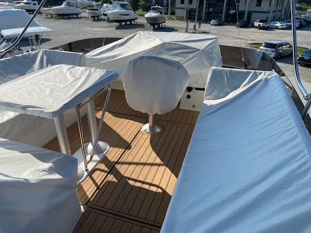 Slide: The Image of 2022 Beneteau Swift Trawler 41 Fly deck with covered seating and table. - 6