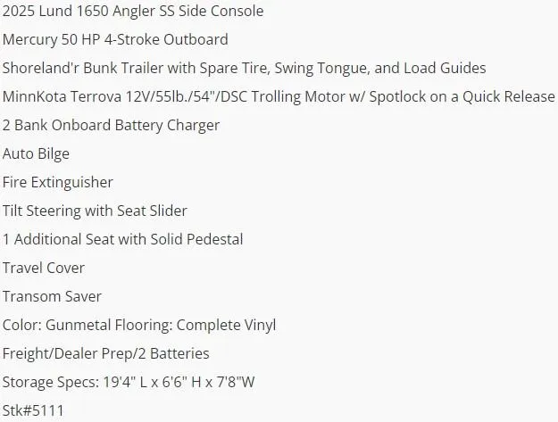 Slide: The Image of 2025 Lund 1650 Angler SS features and specifications list. - 4
