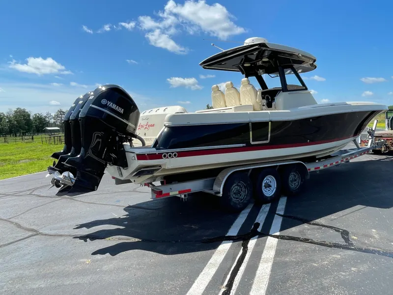 Slide: The Image of 2019 Chris-Craft Catalina 34 boat on trailer with Yamaha outboard engines. - 5