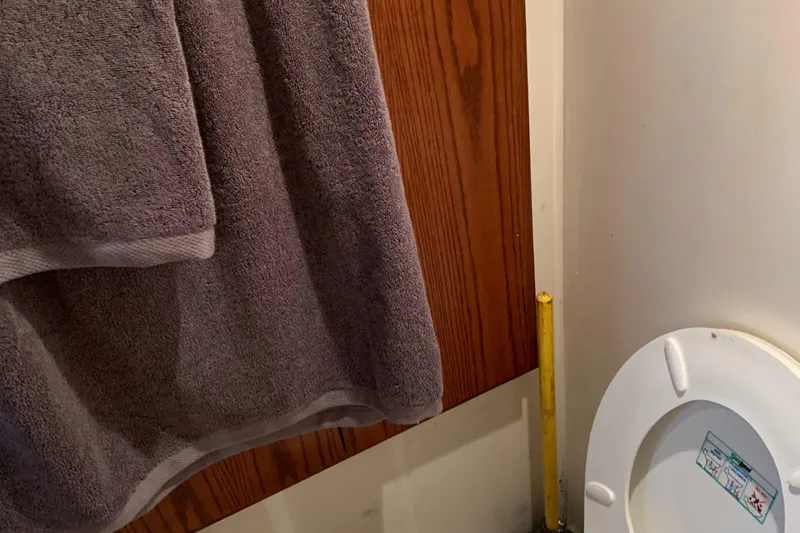 Slide: The Image of 1999 Bayliner 5788 Pilot House Motoryacht bathroom with towel and toilet seat. - 41