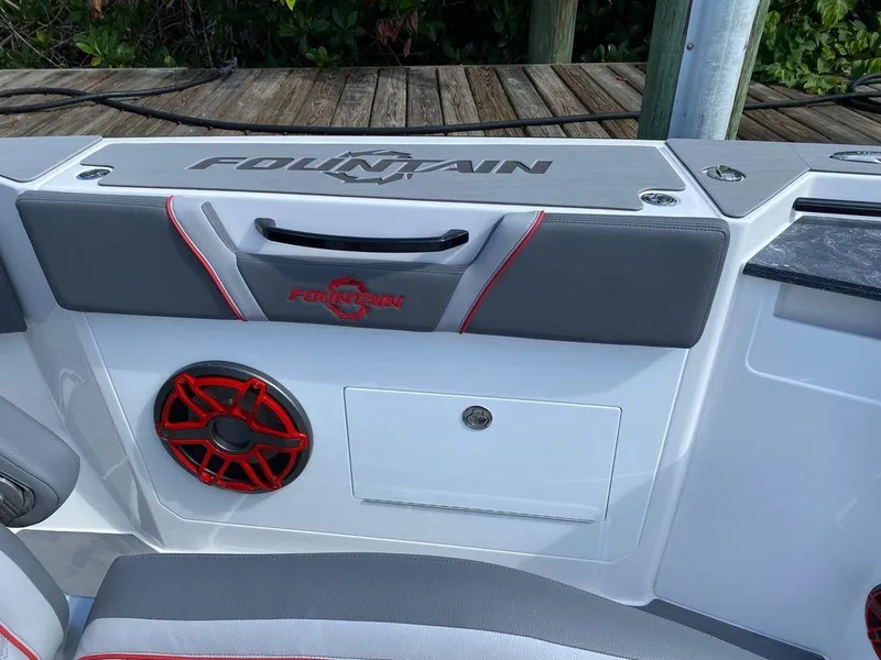 Slide: The Image of 2025 Fountain 38 SCX boat with sleek design, displayed outdoors. - 7