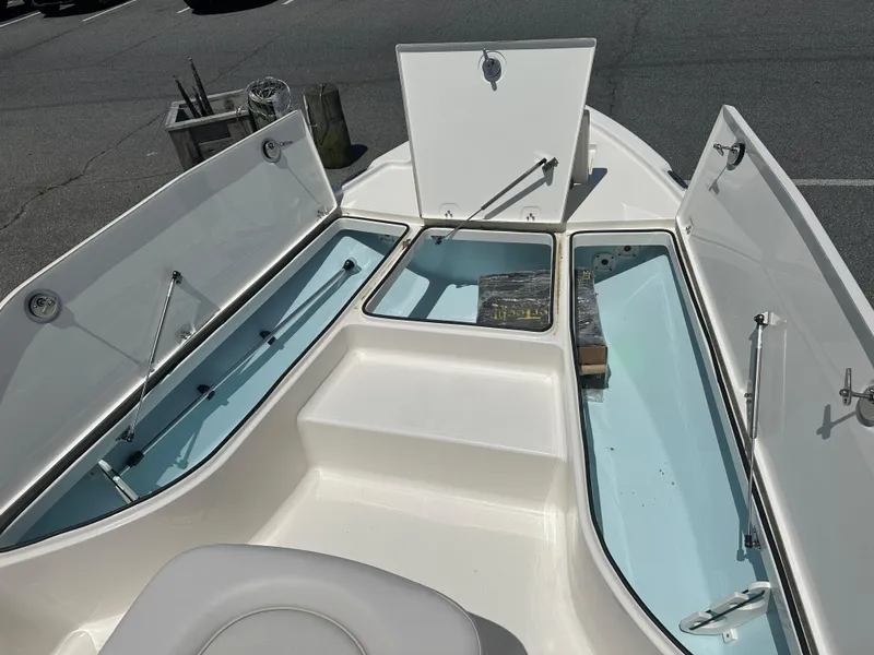 Slide: The Image of 2024 Sea Born FX21 Bay LT boat with open storage compartments. - 7