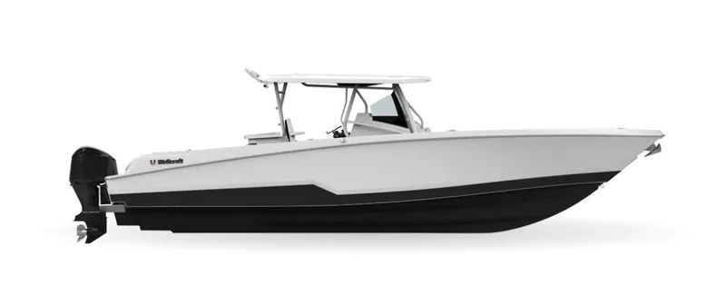 The Image of 2024 Wellcraft 352 Fisherman boat, side view, white and black hull, outboard motor. - 0