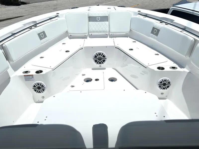 Slide: The Image of 2025 Sea Fox 328 Commander boat interior with seating and speakers. - 14