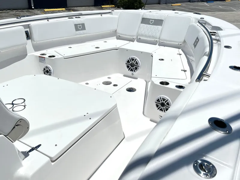 Slide: The Image of 2025 Sea Fox 328 Commander boat interior with seating and speakers. - 15