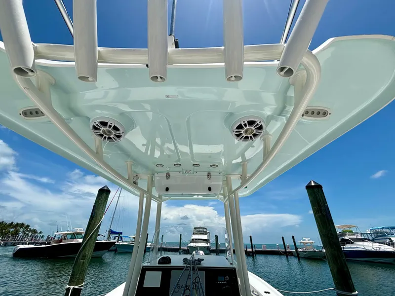 Slide: The Image of 2022 Parker 2801 Center Console boat at marina, view from helm station. - 8