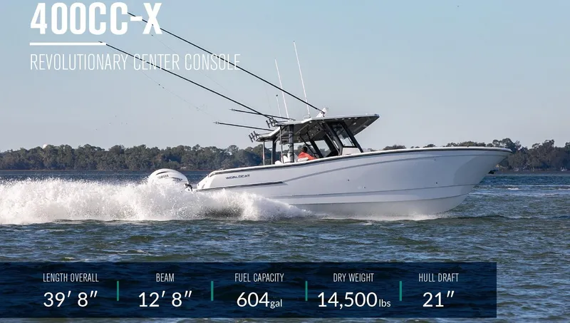 Slide: The Image of World Cat 400 CC-X 2025 center console boat on water, specs: 39'8 length, 12'8 beam - 0
