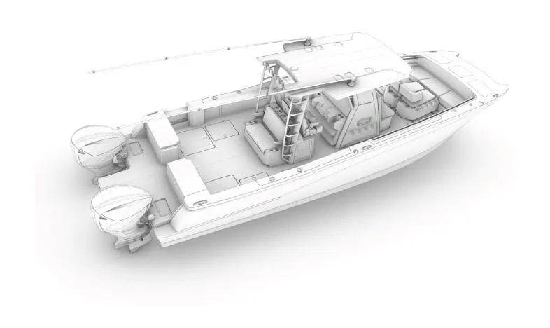 Slide: The Image of 2025 World Cat 400 CC-X boat blueprint with twin outboard motors. - 3