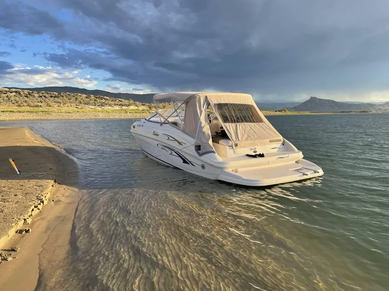 Slide: The Image of 2001 Rinker Captiva 232 boat anchored on a sandy shore with scenic mountain backdrop. - 3