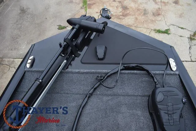 Slide: The Image of 2024 Tracker Pro 170 boat deck with trolling motor and foot pedal. - 12