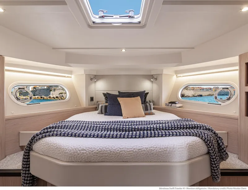 Slide: The Image of Luxurious cabin interior of 2025 Beneteau Swift Trawler 41 Fly yacht. - 12