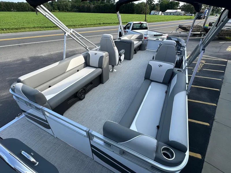 Slide: The Image of 2025 Tahoe Pontoon 2385 Sport 85 Quad Lounger Tri Toon interior view. - 10