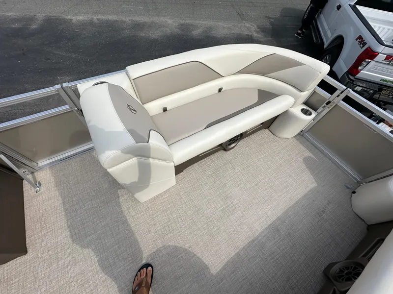 Slide: The Image of 2025 Tahoe Pontoon 2385 Sport 85, Rear Fish, Tri Toon, Sport Performance interior seating. - 12