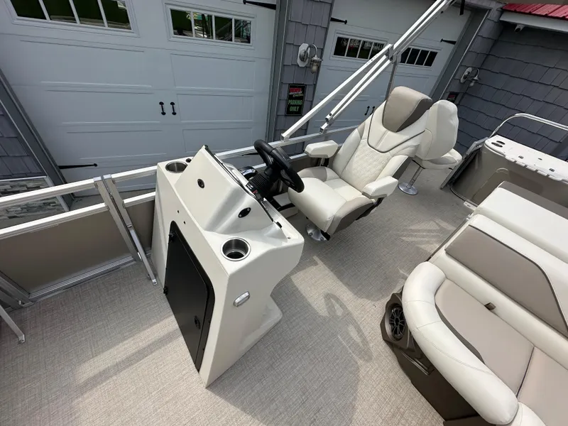 Slide: The Image of 2025 Tahoe Pontoon 2385 Sport 85, Rear Fish, Tri Toon, Sport Performance interior. - 14