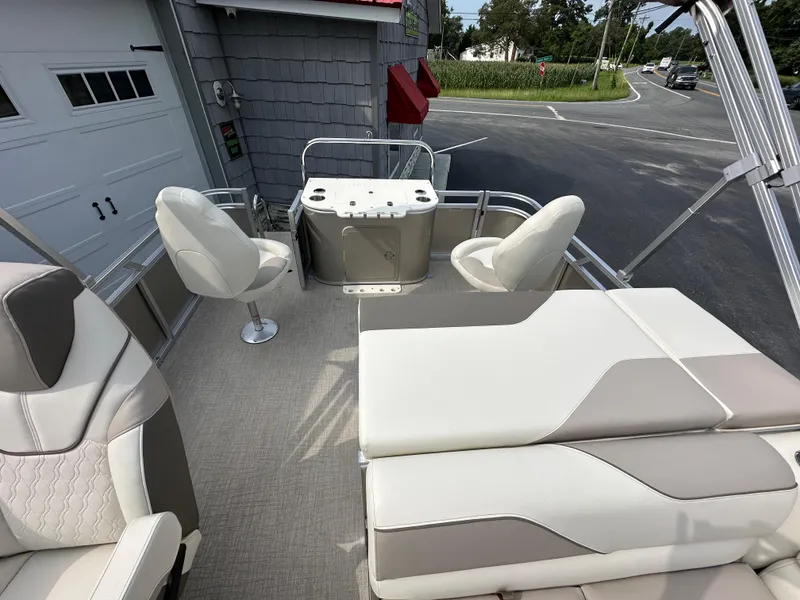 Slide: The Image of 2025 Tahoe Pontoon 2385 Sport 85, Rear Fish, Tri Toon, Sport Performance interior. - 16