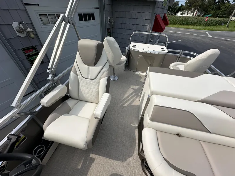 Slide: The Image of 2025 Tahoe Pontoon 2385 Sport 85, Rear Fish, Tri Toon, Sport Performance interior. - 20