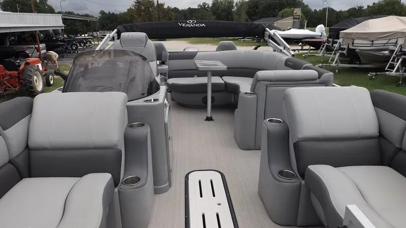 Slide: The Image of 2021 Veranda Fish VF22F2 pontoon boat with spacious seating and modern design. - 11