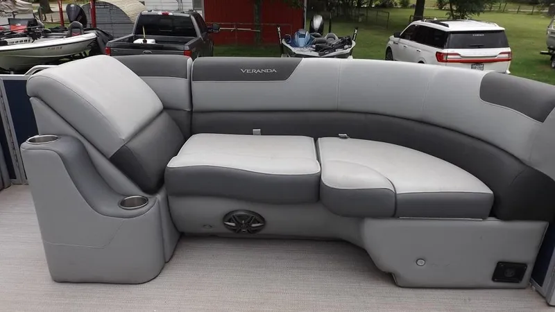 Slide: The Image of 2021 Veranda Fish VF22F2 pontoon boat with gray seating. - 12