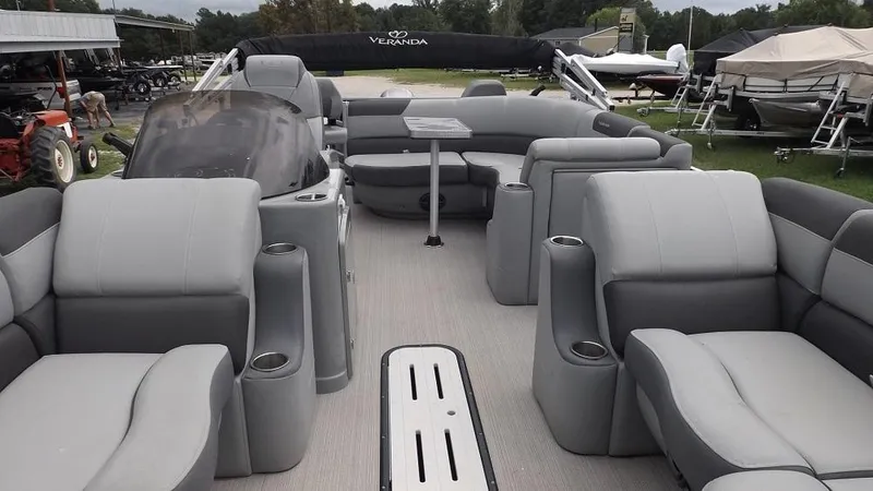 Slide: The Image of 2021 Veranda Fish VF22F2 pontoon boat with spacious seating and modern design. - 4