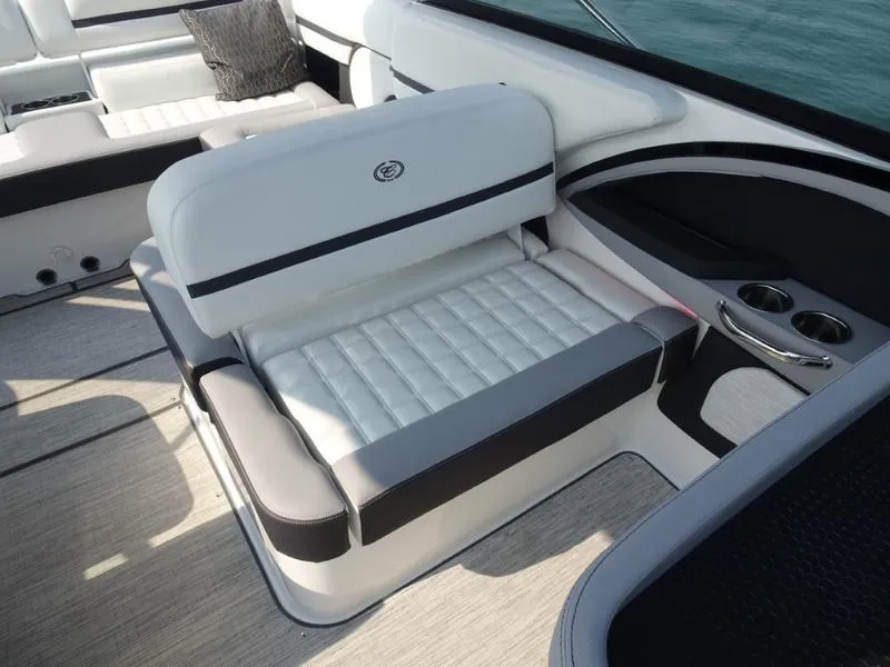 Slide: The Image of Luxury seating on the 2025 Cobalt R30 boat with cup holders and modern design. - 21