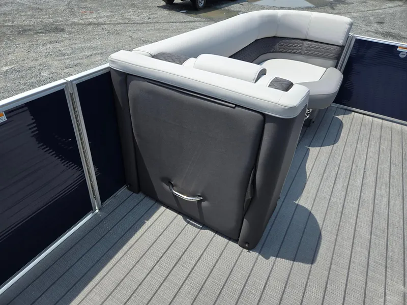 Slide: The Image of 2025 Godfrey Monaco 235 SB pontoon boat interior with gray seating and flooring. - 32