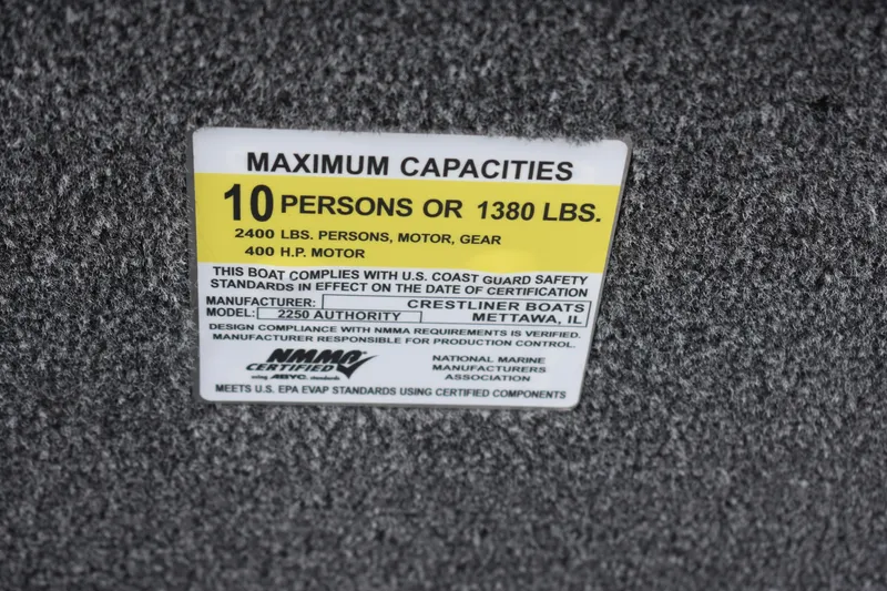 Slide: The Image of 2023 Crestliner 2250 Authority maximum capacities label: 10 persons or 1380 lbs. - 15
