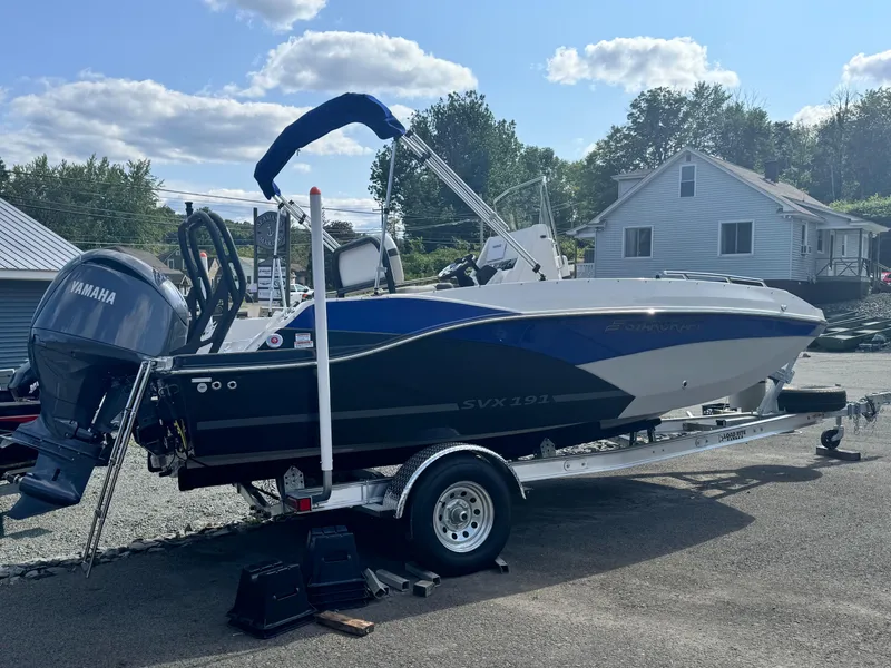 Slide: The Image of 2024 Starcraft SVX 191 OB CC boat on trailer with Yamaha outboard motor. - 2