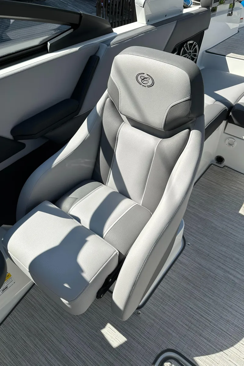 Slide: The Image of 2024 Cobalt CS22 boat interior with luxurious gray seating. - 13