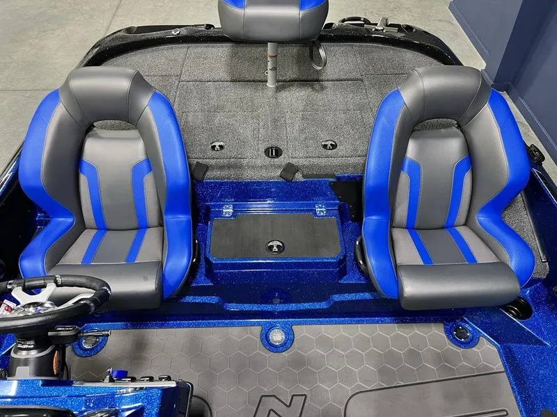 Slide: The Image of 2025 Nitro Z19 Pro boat interior with blue and gray seats. - 1